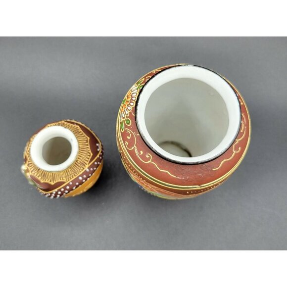 Japanese Hand Painted Satsuma Style Vases Dragon Floral Moriage Gilt Set of Two - Picture 7 of 8